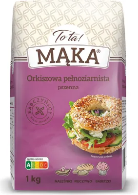 A bag of Dinkel-Vollkornmehl (spelt wholemeal flour) with an image of a prepared bagel sandwich.