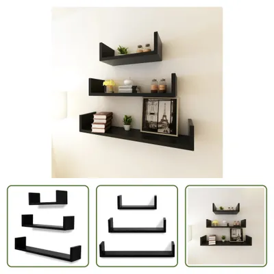 Immagine prodotto di set di 3 mensole da parete a U per libri DVD MDF nero