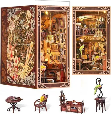 Image de Habarri | DIY Book Nook - Art Nouveau - Puzzle 3D - Kit maison miniature avec meubles et lumière LED - Kit coin de livre
