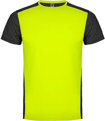 Produktbild von Roly CA6653 | Herren Zolder T-Shirt, Kombination von zwei Polyestergeweben - Farbe: Fluor Yellow 221/Heather Black 243 - Größe: XXL