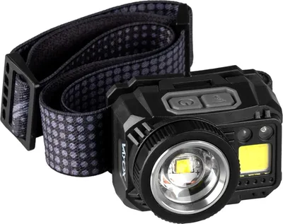 A black Vayox LED headlamp with a patterned strap is shown against a white background.