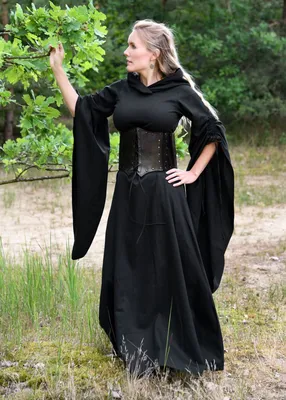 Produktbild von Mittelalter Kleid Isra mit Trompetenärmeln, schwarz - Mittelalterkleidung LARP Wikinger Gothic Kostüm Größe: M