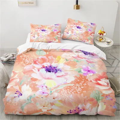 Obrázek produktu pro Sada povlečení 200x220 cm, květinový motiv, barevné provedení, oranžová, mikrovlákno, 3dílná sada se zipem, 2 povlaky na polštáře 80x80 cm