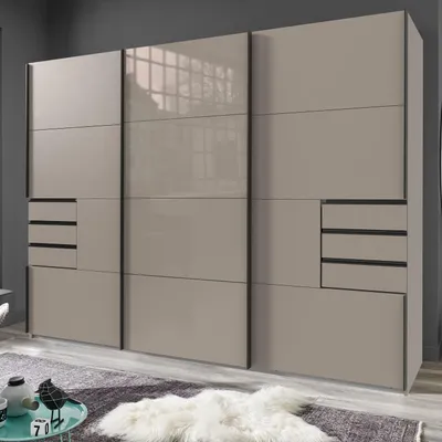 Produktbild von Schwebetürenschrank Saigon 270x208 cm Saharagrau Glasfront - Kleiderschrank mit 6 Schubkästen & 3 Türen