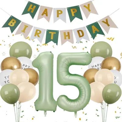 Geburtstagsdeko-Set 15. Geburtstag, salbeigrün, 19-teilig