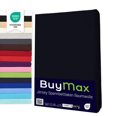 Produktbild von Buymax Spannbettlaken 180x200cm Baumwolle 100% Spannbetttuch Bettlaken Jersey, Matratzenhöhe bis 25 cm, Farbe Schwarz