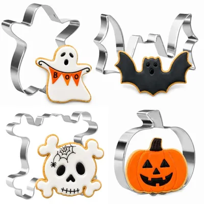 Obrázok produktu pre Sada 4 vykrajovačiek na Halloween: motívy lebky, tekvice, netopiera a ducha, vyrobené z nehrdzavejúcej ocele