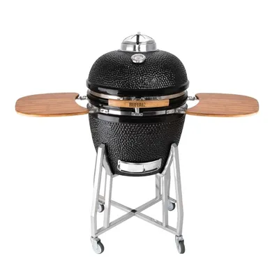Produktbild von Kamado Keramik Grill mit Rädern, klappbaren Beistelltischen und Temperaturanzeige, 118x133x76cm