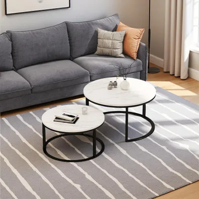 Immagine prodotto di ProximaX Set da 2 tavolini da salotto rotondi, effetto marmo, con struttura in metallo, tavolini impilabili per il soggiorno, moderni e salvaspazio, bianco/nero
