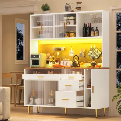 Produktbild von Weißer Hochschrank 145x39x171cm mit LED & Lochwandregalen, für Wohnzimmer, Küche oder Esszimmer