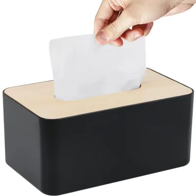 Image de Boîte de mouchoirs avec couvercle en bambou, en plastique PP, dimensions : 21x13x10 cm, couleur : noir