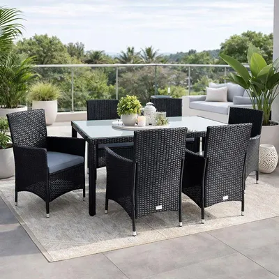 Produktbild von Poly-Rattan Sitzgruppe Essgruppe Gartenmöbel Set 6 Personen Gartenset Schwarz