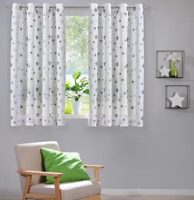 Produktbild von Heimtexland ® Vorhang Leinen-Optik natur Sterne grau Kinderzimmer Deko Gardine bedruckt halbtransparent durchscheinend  Typ897 Ösenschal HxB 145x135 cm - 1 Stück