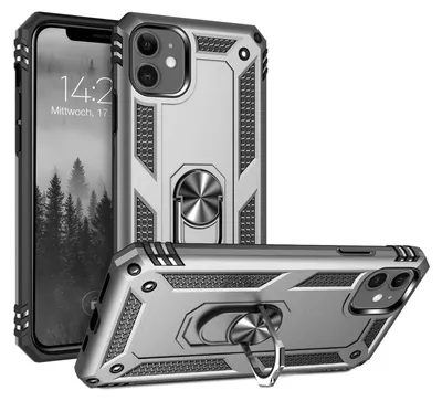 A product shot of a phone case with a ring holder, displayed from multiple angles.