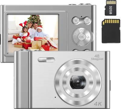 Obrázek produktu pro Andoer 4K digitální fotoaparát, videokamera, 48 MP, 2,4palcový IPS displej, automatické ostření, 16x digitální zoom, ochrana proti otřesům, detekce obličeje, nahrávání úsměvu, vestavěný blesk a dobíjecí baterie s paměťovou kartou 32 GB, vánoční dárek pro děti a mládež