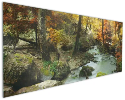 Produktbild von Wallario Küchenrückwand aus Glas, Größe: 125 x 50 cm, Motiv: Wasserfall mit moosbedeckten Steinen im Herbstwald | Spritzschutz | abwischbar | pflegeleicht | in
