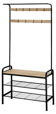 Produktbild von Garderobenständer mit Sitzbank, Garderobenleiste mit Haken, Wandgarderobe mit Ablage, Kleiderständer, Schuhregal, Schuhbank, offener Kleiderschrank, Flurgarderobe - Industrial Holz hell, Eiche Sonoma