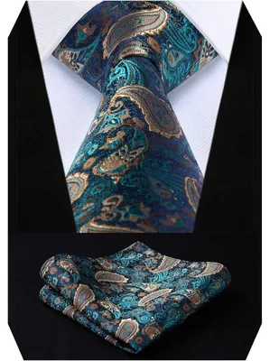 Productafbeelding van Herenset: sjaal en zakdoek, zijde, groen, goud, paisley bloemmotief, jacquard, 8,5 cm
