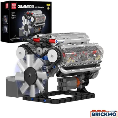 A detailed model of a V8 engine on a black stand, with its packaging box in the background.