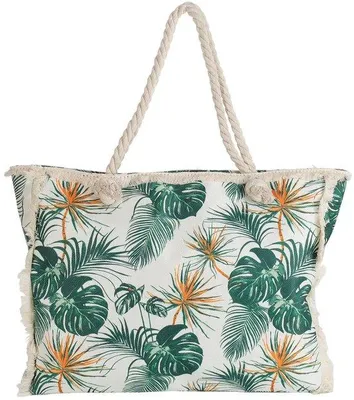 Produktbild von XXL Strandtas mit Blättern - Schultertasche für Damen - Große Shopper mit Fransen - 50 x 40 x 10 cm - Grün/beige