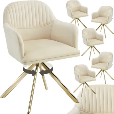 A collage of cream-colored swivel chairs with gold legs.
