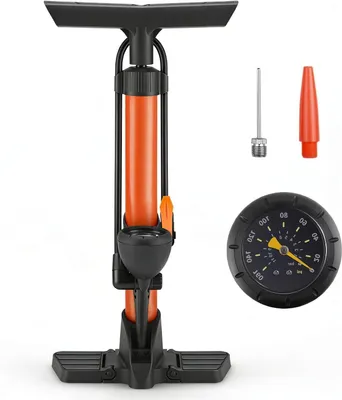 Image de Pompe à vélo avec manomètre - Pompe pour pneus - Gonfler les pneus de vélo - Fonctionnement manuel - 44 cm - Orange