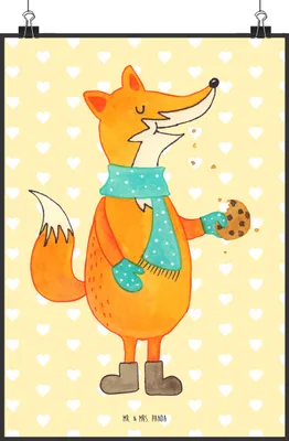 Produktbild von Mr. & Mrs. Panda Bild Fuchs Keks DIN A2 - Gelb Pastell - Geschenk, Frieren, Wandbild, Winter, wanddeko, Weihnachtlich, drucke, Plakat, kunstdruck poster, Plätzchen, Liebe