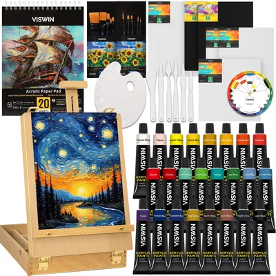 62-teiliges Acrylfarbset mit Staffeleikoffer, 24 Farben, Leinwand