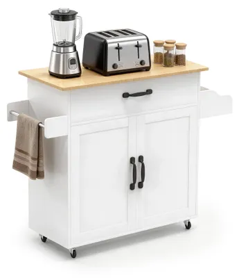 Imagen del producto de Carrito de cocina de madera, carro de servicio para islas de cocina con encimera y cajones, ideal para cocinas y comedores, color blanco