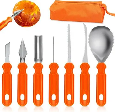 Produktbild von Pompoensnijderset 7-teilig zum Halloween-Schnitzen mit Edelstahlwerkzeug und Tasche