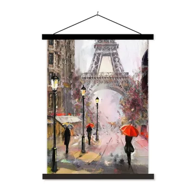 Produktbild von MuchoWow® Textilposter Gemälde - Paris - Eiffelturm - Regenschirm - Ölgemälde 60x80 cm mit schwarzem Rahmen - Plakathalter
