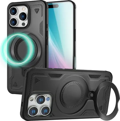Produktbild von NALIA Magnetische Panzerhülle für iPhone 16 Pro Max – Ring-Halterung 360° & für MagSafe – STORMGUARD (Outdoor Case) – Marke aus Berlin – Titan Schwarz