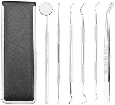 Imagen del producto de Kit de higiene dental - 6 piezas - incluye: cepillos de dientes, hilo dental, pinzas y espejo - en estuche de transporte