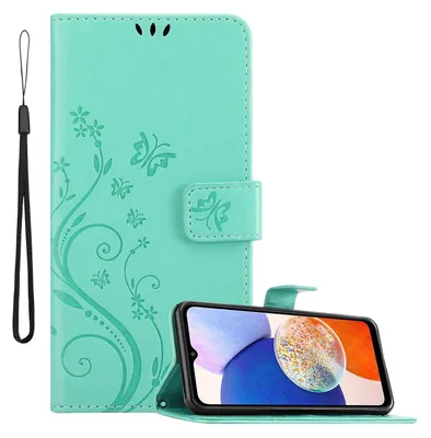 A flip case for a smartphone is shown open, displaying the phone inside and the case's interior features.