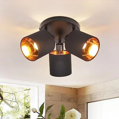 Zdjęcie produktu dla ZMH lampa sufitowa 3 płomienna lampa sufitowa czarna okrągła reflektor sufitowy vintage spot sufitowy LED reflektor ścienny obrotowy 350° E14 (bez żarówki)