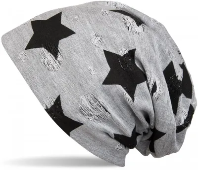 Produktbild von styleBREAKER Uni Stoff Beanie Mütze mit Sterne und Vintage Punkte Muster, mit Rissen im Destroyed used Look 04024046
