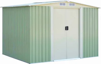 A green metal garden shed with beige double doors and a white roof, shown from a front-side angle against a white background.
