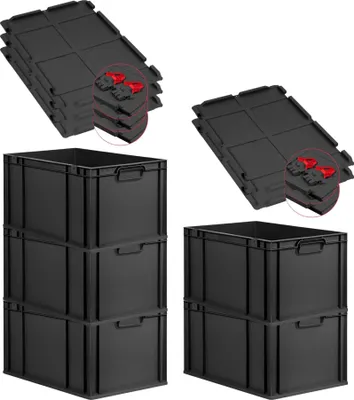 Produktbild von SuperSparSet 5x Eurobox NextGen Grip mit Scharnierdeckel und roten Schiebeschnappverschlüssen | HxBxT 32x40x60cm | 65 Liter | Schwarz | Griffe geschlossen | Verstärkter Boden | Eurobehälter, Transportbox, Transportbehälter, Stapelbehälter