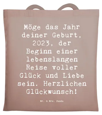 Produktbild von Mr. & Mrs. Panda Jutebeutel Spruch 2023 Geburtstag - Braun Pastell - Geschenk, Schultasche, Geburtstagsgeschenk, festival tasche, Wunderschöne Botschaft, Tote Bag, Liebe