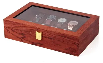 Imagen del producto de Caja para relojes - Caja de almacenamiento para 12 relojes - Madera y terciopelo - Marco de metal - 31 x 19,8 x 8 cm - Aspecto de palo de rosa, color