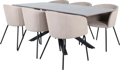 Produktbild von PiazzaGRBL Essgruppe Esstisch grau und 6 Berit Esszimmerstühle beige.