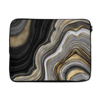 Produktbild von MuchoWow® Laptop Hülle 17 Zoll Laptoptasche Marmor - Stein - Achat - Schwarz und Gold - Zipper - Schutzabdeckung
