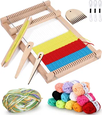 Produktbild von Webrahmen aus Holz, 12 bunte Woll- und Baumwollgarne, inklusive Schussfaden und Schütze, für Kinder