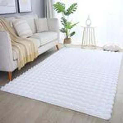 A living room scene with a sofa and a large white rug.