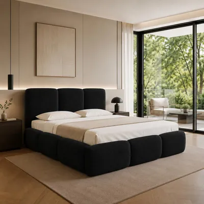 Image de Lit rembourré FURNISTAR BOVA 200 x 200 cm, lit rembourré avec coffre de rangement, espace de rangement et sommier à lattes, lit double, style lit à ressorts, noir