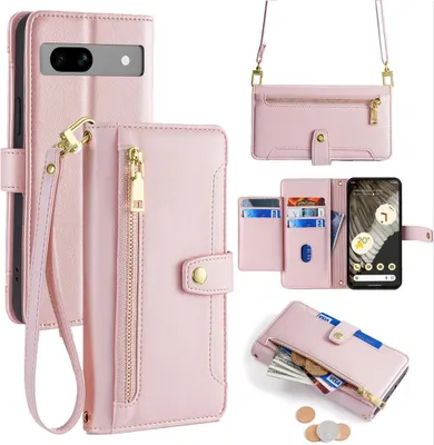 Produktbild von Handykette Google Hülle mit Band Handyhülle Kartenfächer Kunstleder Umhängetasche Pixel 7A Rosa