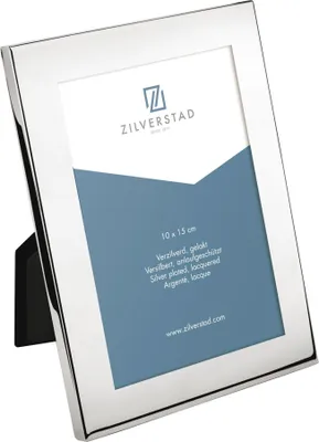 A silver-colored photo frame standing on a surface, with a blue insert showing product information.