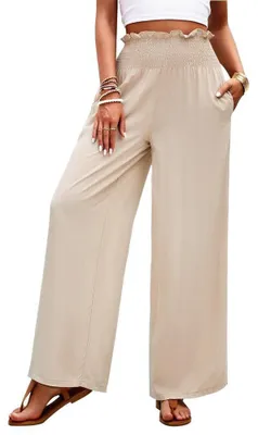 Produktbild von XFSRG Hosen Damen Palazzo Hose Damenhose Weites Bein Sommerhose mit Elastischem Lockere Weite Freizeithose Strandhose Luftige Lange Hose (L, Beige)