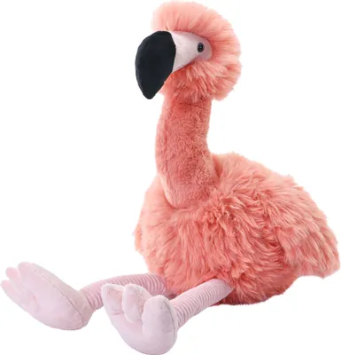 A plush flamingo toy sitting on a white background.