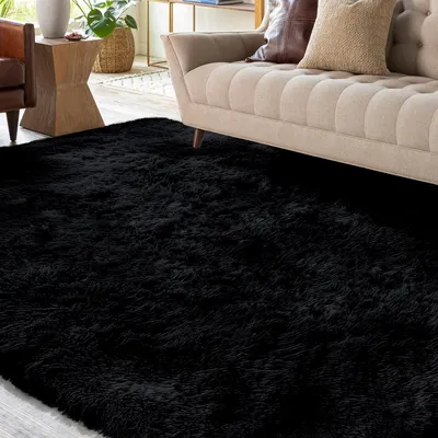 Obrázek produktu pro Omgoods - Měkký, huňatý koberec 80x160 cm, černý - Snadno se čistí, měkký, vhodný do obývacího pokoje a dětského pokoje